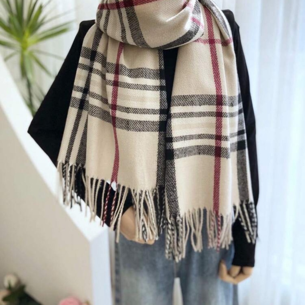 Plaid Fringe Scarf - Cream, Black, Red - Picture 8 of 8